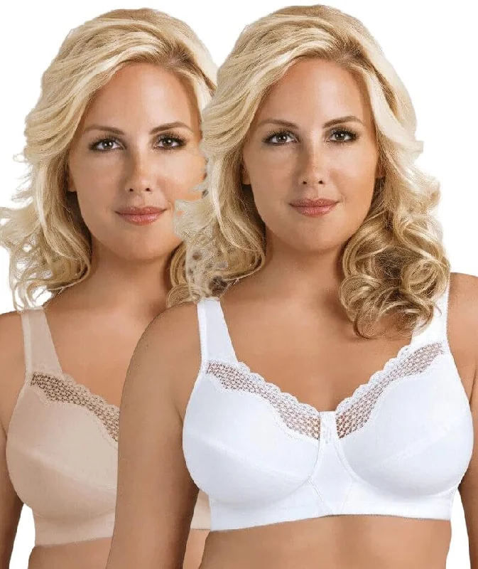 Exquisite Form Fully Cotton Soft Cup Wire-Free Bra With Lace 2 Pack - Damask Neutral/White