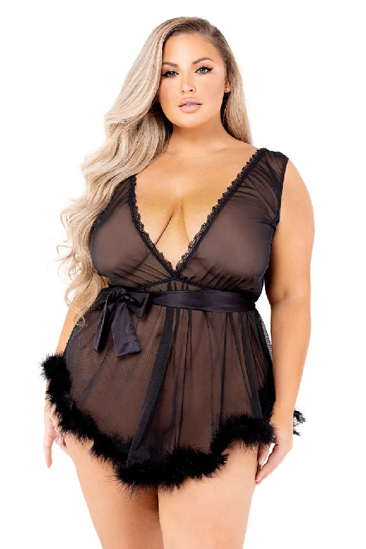 Plus Size Retro Mesh and Marabou Babydoll