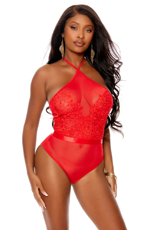 Red Embroidered Mesh Teddy